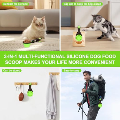 Collapsible Silicone Dog Food Scoop Foldable Pet Food Measuring Cup with Bag Clip 3 in 1 Multi-Function Silicone Dog Food Scooper (Green, Small) - color: Green, size: Small