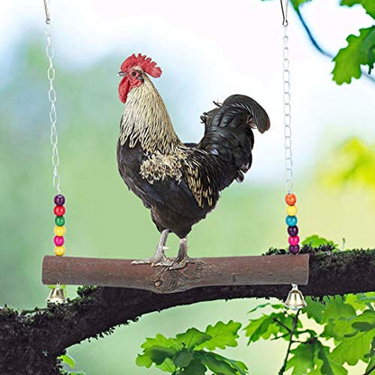 TOPINCN Chicken Bird Swing Toy, Natural Wooden Hanging Perch Chew Climb Play Toy for Bird Cages Coop Medium Large Parrots Chickens Colorful Bell Hook 13.39 x 12.28 in 1 Pack