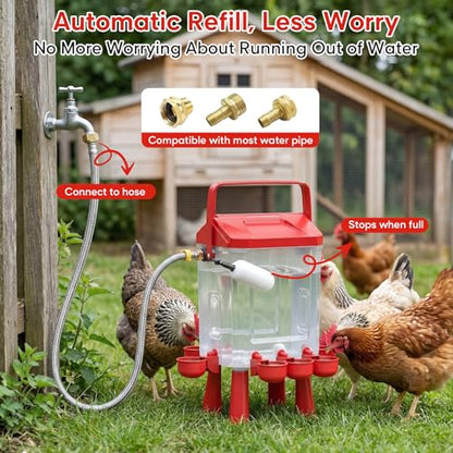 3 Gallons Automatic Chicken Waterer with 8 Chicken Water Cups, 8 Nipples, 6 Plugs, Float-Controlled Chicken Water Feeder with 60 Inch 3/4'' Water Hose, Poultry Waterer Perfect for Chicks, Duck, Goose