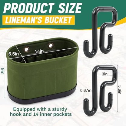 Vesici 1 Set Military Green Canvas Bucket Bag Including Hooks Aerial Oval Lineman Tool Bucket with Black Polypropylene Bottom 15 Pockets Tool Organizer for Industrial Maintenance Construction Sites - color: Military Green