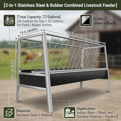 Stainless Steel Goat Feeder, 77 Gallon Anti-Waste Livestock Feeder, 2-in-1 Hay Rack & Rubber Trough, Heavy Duty Elevated Design for Goats, Sheep, Cattle, Use in Barn, Shed, Outdoor Pen