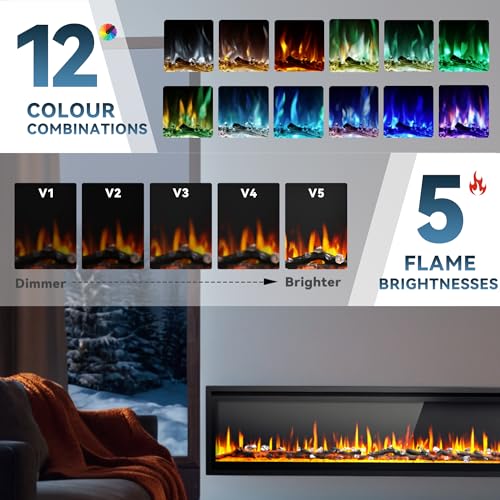 EUHOMY 73 inch Electric Fireplace Recessed Wall Mounted Freestanding with Remote Control, Ultra-thin Fireplace Heater with Adjustable Flame Color, Linear Fireplace with Timer, Log & Crystal, 750/1500W - size: 73 Inch Premium