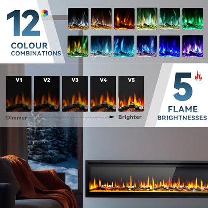 EUHOMY 73 inch Electric Fireplace Recessed Wall Mounted Freestanding with Remote Control, Ultra-thin Fireplace Heater with Adjustable Flame Color, Linear Fireplace with Timer, Log & Crystal, 750/1500W - size: 73 Inch Premium