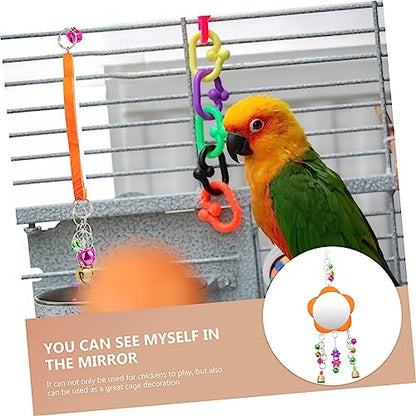 Happyyami Hens Mirror Toy with Bells Durable Bird Hanging Mirror for Parrots and Chickens Easy to Install Made from for Pet Play and Enrichment Activities
