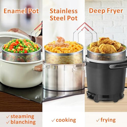 Deep Fryer Basket, 7.8''x4'' Fry Only, Round Stainless Steel Frying Baskets with Heat Resistant Silicone Handle, for Kitchen Cooking Strainer Colander, Serving Food, Ideal for Gift, 3-Quart - size: 7.8'' Deep Fry Basket