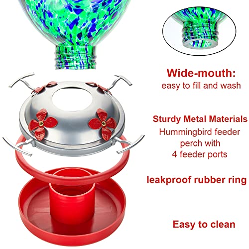REZIPO Hummingbird Feeder with Perch - Hand Blown Glass - Green(Firework) - 38 Fluid Ounces Hummingbird Nectar Capacity Include Hanging Wires and Moat Hook, blue/Green - color: Blue/Green