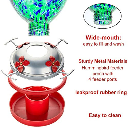 REZIPO Hummingbird Feeder with Perch - Hand Blown Glass - Green(Firework) - 38 Fluid Ounces Hummingbird Nectar Capacity Include Hanging Wires and Moat Hook, blue/Green - color: Blue/Green