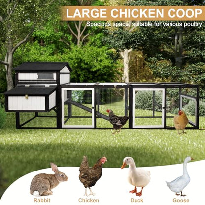 PetsCosset 116" L Large Chicken Coop and Run, Hen House with 4 Nesting Box Boxes, Rabbit Hutch Poultry Bunny Cage for 4-6 Chickens with 4 Perches, Removable Tray and Ramp and UV-Resistant Roof Panel - color: Black White