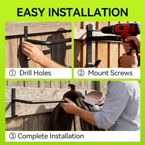 4Pcs Heavy Duty Horse Blanket Rack with Bridle Hooks, Wall Mounted Assembled Blanket Bar, Saddle Pad Rack for Horse Tack Storage, Black