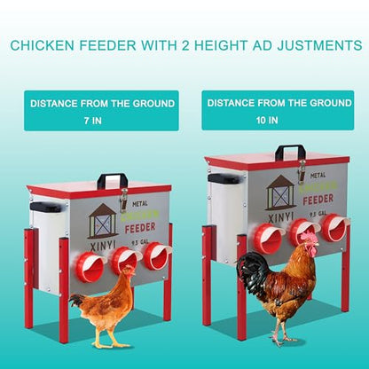 XINYI 9.3 Gallon Automatic Chicken Feeder, 6 Ports Gallon Chick Feeder No Waste with Adjustable Legs, Rodent Proof & Weatherproof Metal Raised Poultry Feeder - size: 6 ports with legs