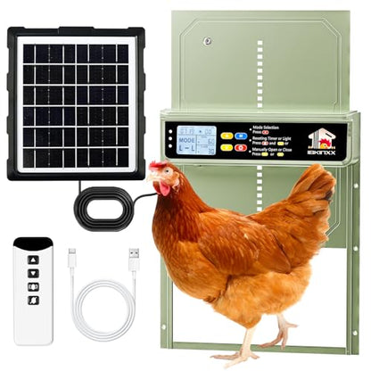 Automatic Chicken Coop Door Solar Powered with Timer, Light Sensor, Remote Control, LCD Display, Green
