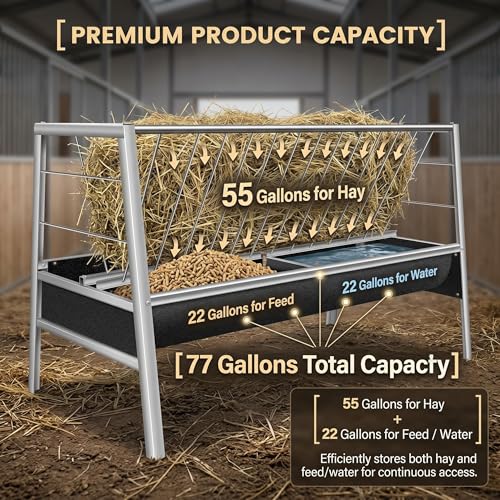 Stainless Steel Goat Feeder, 77 Gallon Anti-Waste Livestock Feeder, 2-in-1 Hay Rack & Rubber Trough, Heavy Duty Elevated Design for Goats, Sheep, Cattle, Use in Barn, Shed, Outdoor Pen