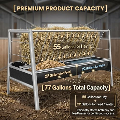 Stainless Steel Goat Feeder, 77 Gallon Anti-Waste Livestock Feeder, 2-in-1 Hay Rack & Rubber Trough, Heavy Duty Elevated Design for Goats, Sheep, Cattle, Use in Barn, Shed, Outdoor Pen