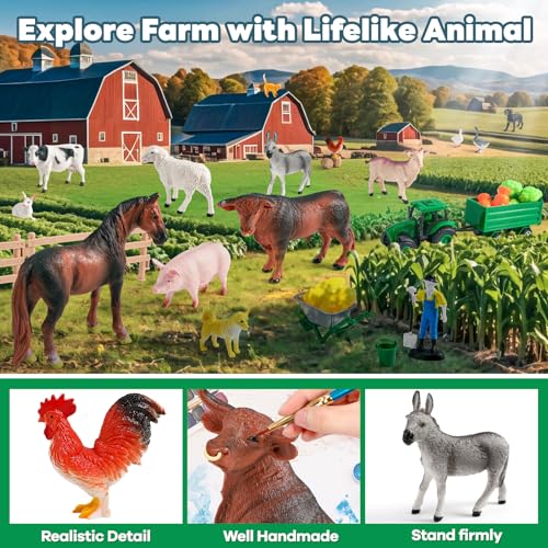 Farm Animal Toys for Toddlers,38 PCS Realistic Animal Figurines Toys with 47.2”x31.4” Large Activity Play Mat and Tractor Toy,Farm Playset Educational Learning Toy for Toddlers Kids 3-5