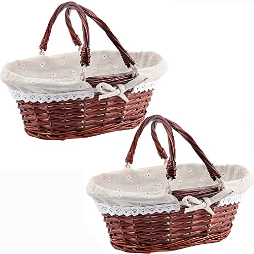 ZOENHOU 2 PCS Brown Wicker Gift Empty Basket, Hand-Woven Favors Storage Willow Picnic Basket with Handles for Fruit Vegetable Picking Egg Candy Gathering Valentines - color: Brown, size: 13 Inch 2 PCS