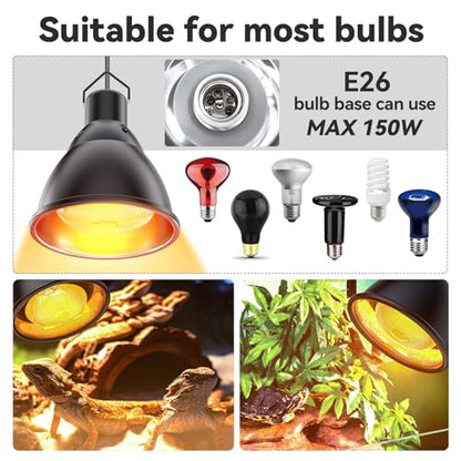 Reptile Light Fixture,7inch Deep Dome Reptile Light Fixture with 3/6/12 Timer,Infrared Reptile Heat Lamp Max 150W Blub, for Turtle Bearded Dragon Lizards Snake, 1PCS 150W Bulb Included