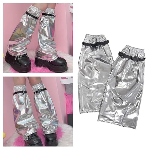 Women Metallic Silver Flared Leg Warmer Aesthetic Fashion Punk Buckled Garters Strap Baggy Leg Socks