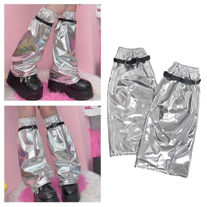 Women Metallic Silver Flared Leg Warmer Aesthetic Fashion Punk Buckled Garters Strap Baggy Leg Socks