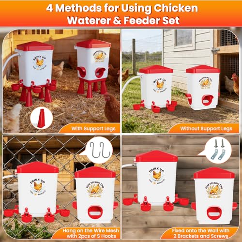 3 Gallon Chicken Feeder and Waterer Set, Large Chick Water with Automatic Float Valve, No Waste Poultry Feeding and Watering System, 4 Cups & 3 Ports, Chicken Coop Accessories for Pigeons Quail, Red