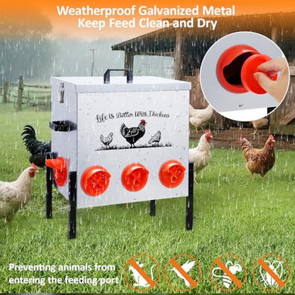 50LB Automatic Chicken Feeder–8 Feeding Ports No-Waste Galvanized Metal Chicken Feeder Box with Adjustable Legs & Locking Lid Poultry Feeder for Chickens,Ducks,Geese,Rust-Resistant - size: 50LB