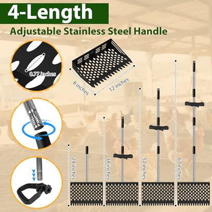 2 in 1 Chicken Poop Scooper & Rake, 12" Chicken Coop Scooper With Ergonomic Grip, Durable Chicken Scooper for Poop With 4 Length Adjustable Stainless Steel Handle(24 to 67") Litter Sifting Shovel