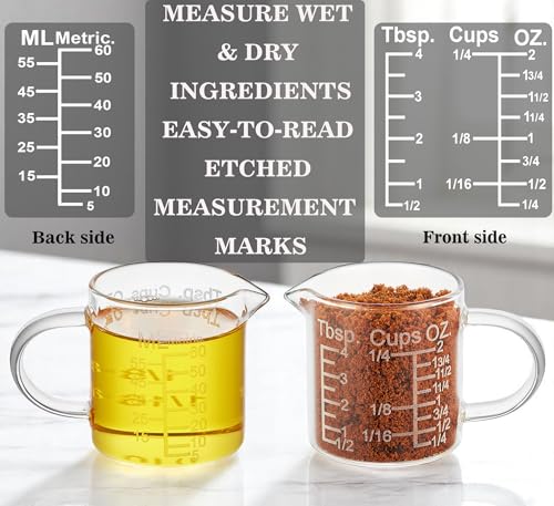 Ackers Etching Scale Measuring Glass -[Insulated handle | V-Shaped Spout]-Made of High Borosilicate Glass Measuring for Kitchen or Restaurant, Easy to Read, 60 ML (2 Oz) 丨(2 Pack) - size: 60 ML (2 Oz, 1/4 Cup) - Etching Scale