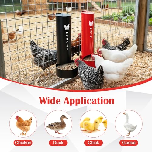 Chicken Oyster Shell Feeder and Grit Feeder and 6 Pcs Automatic Chicken Waterer Cup, Metal Hanging Poultry Feeders and Plastic Poultry Water Cup, Coop Accessories, Black+Red