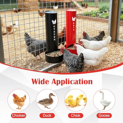 Chicken Oyster Shell Feeder and Grit Feeder and 6 Pcs Automatic Chicken Waterer Cup, Metal Hanging Poultry Feeders and Plastic Poultry Water Cup, Coop Accessories, Black+Red