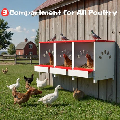 Chicken Nesting Boxes, 3 Hole Large Metal Hen Laying Box with Swing Perch and Roll Away Egg Collection, Wall Mountable with Vented Holes for Chickens Ducks Birds - size: 12.2"L x 9.9"W x 15.4"H
