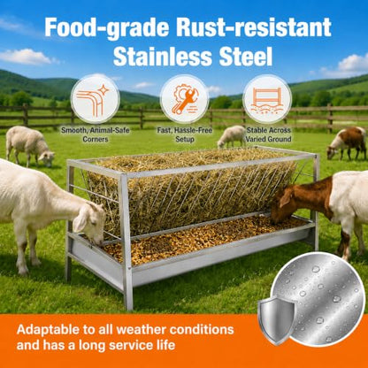 88 Gallon Goat Hay Feeder, Heavy-Duty Upgrade Stainless Steel Hay Feeder for Goats, 2-in-1 Design (60Gal Hay + 28Gal Feed/Water Tray), Livestock Feeder for Ranch, Barn and Goat Pens