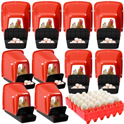 Chicken Nesting Box with Plastic Egg Trays, 10 Pack Nesting Boxes for Chickens with Egg Collection, Breathable Chicken Laying Boxes & Stackable Egg Tray for Chicken Coops and Farms - Red - color: Red