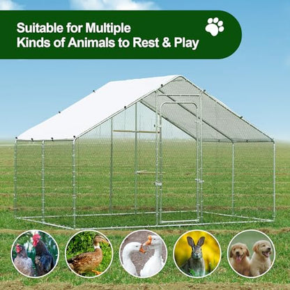 Large Metal Chicken Coop Heavy Duty Chicken Pens Outdoor with Top Walk in Poultry Cage Chicken Run Dog Kennel with Water Resident and Anti-UV Cover for Yard with Cover Duck Rabbit Cage - size: 117.6"L x 79.2"W x 79.2"H