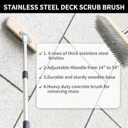Stainless Steel Wire Scrub Brush with Long Handle, Heavy Duty Floor Scrubber Brush, Moss Remover Wire Broom for Deck, Rough Surface, Concrete Floor, Patio, Garden, Garage