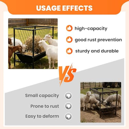 Pasture Hay Feeder 70 Gallon, Heavy-Duty Hay Grain Livestock Feeder, Carbon Steel Metal Goat Hay Feeder for Sheep, Calf, Cow and Horse, Quick to Assemble - color: Black