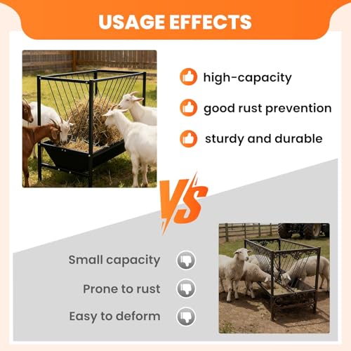 Pasture Hay Feeder 70 Gallon, Heavy-Duty Hay Grain Livestock Feeder, Carbon Steel Metal Goat Hay Feeder for Sheep, Calf, Cow and Horse, Quick to Assemble - color: Black