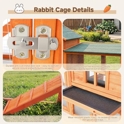 Large Outdoor Indoor Rabbit Hutch Wooden Bunny Rabbit Cage 2-Story with Run No-Leak Pull-Out Tray Waterproof Asphalt Roof Ramp for Guinea Pig Small Animal Wood Pet House Home Orange