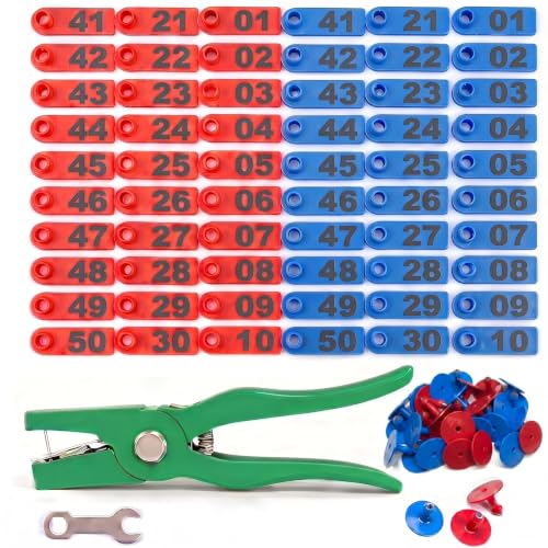 TPU Livestock Ear Tags 01-50 Number with Ear Tagger Pliers Tool, Green & Red Numbered Animal ID Tags for Sheep Goat Cattle Pig, Durable Farm Identification Tools (2x0.7 Inch) - color: Blue and Yellow