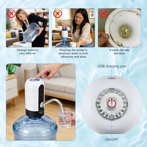 CHIVENIDO 5 Gallon Water Dispenser - Water Bottle Pump with Reusable Cap for Screw Top or Crown Tops, USB Charging Water Jug Dispenser for Universal 2-5 Gallon Bottle (White) - color: White
