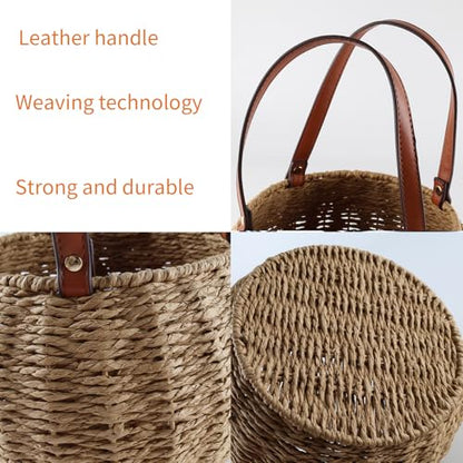 Farmhouse Egg Basket,Large Egg Collecting Basket with Handle,Round Wicker Egg Basket for Gathering and Carrying Fresh Eggs, Egg Holder for Kitchen Countertop,Picnic,Garden