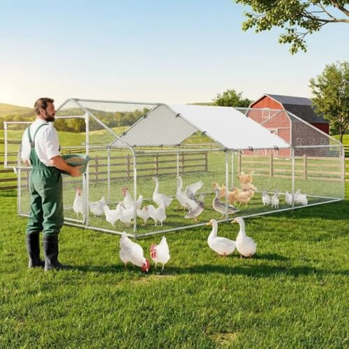 Large Metal Chicken Coop, 9.8' W x 19.7' L x 6.6' H Walk-in Poultry Cage, Chicken Run Pen House with Waterproof & Anti-Ultraviolet Cover & Lockable Doors for Outdoor