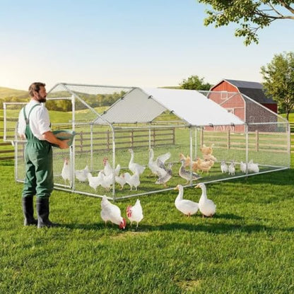 Large Metal Chicken Coop, 9.8' W x 19.7' L x 6.6' H Walk-in Poultry Cage, Chicken Run Pen House with Waterproof & Anti-Ultraviolet Cover & Lockable Doors for Outdoor