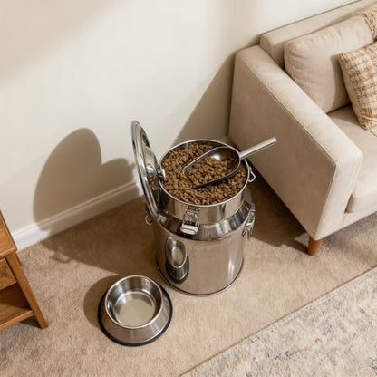 15 Lbs Stainless Steel Dog Food Storage Container with Scoop, Large Metal Dog Food Bin with Airtight Lid & Locking Clamp, Pet Food Container for Dogs & Cats, Keep Fresh, Easy to Clean - size: 15 Lbs