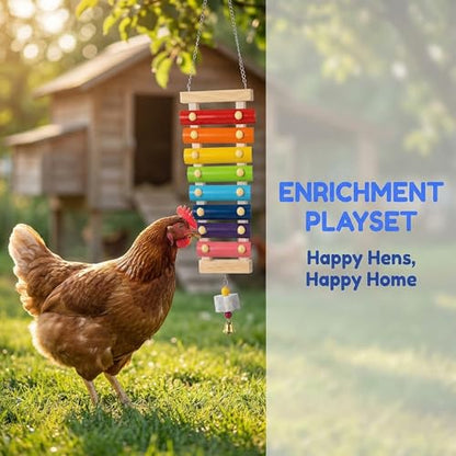 Complete Chicken Toys Set of 9 – All-in-One Chicken Coop Accessories with Xylophone, Swing, Chicken Mirror, Ladder, Vegetable String Bag & Hanging Feeder Coop Toy for Happy Hens - size: 9PCS