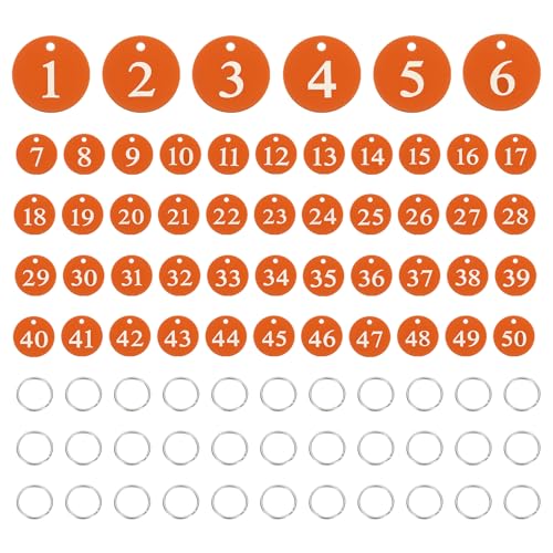 PATIKIL 50PCS Number Tags 1-50, Number Key Tags Aluminum Numbered Keychain Metal Round with Key Rings for Organizer Field Sales Hangers Clothes Labels ID, Orange - color: Orange