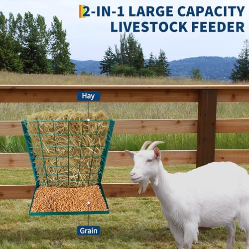 GarveeLife Wall Mount Hay Feeder for Goats, 2 in 1 Hay Rack, Heavy Duty Galvanized Steel Livestock Feeder with Adjustable Distance, Hanging Feeders for Goats, Sheep, Horse - color: Dark green