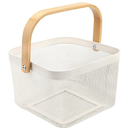 Yopay Mesh Steel Fruit Basket Bin with Wood Handle, White Hanging Storage Organizer, Farmhouse Harvest Gardening Basket for Cabinets, Cupboards, Shelves, Bathroom, Picnic, Shopping