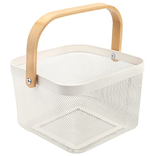 Yopay Mesh Steel Fruit Basket Bin with Wood Handle, White Hanging Storage Organizer, Farmhouse Harvest Gardening Basket for Cabinets, Cupboards, Shelves, Bathroom, Picnic, Shopping