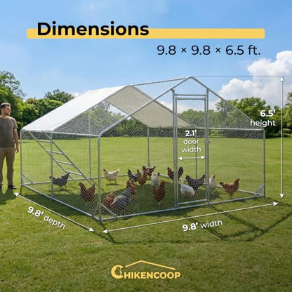 10' x 10' Walk-in Metal Chicken Coop, Spire Shaped Large Poultry Cage for 10-15 Chickens, Heavy Duty Galvanized Steel Outdoor Run Pen with Waterproof & Anti-UV Cover for Ducks, Rabbits (100 Sq.Ft) - size: 118.0"L x 118.0"W x 80.0"H