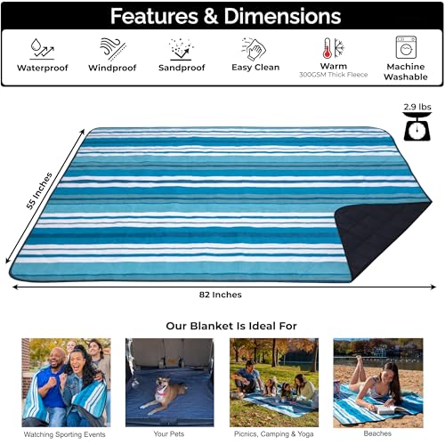 BRAWNTIDE Large Waterproof Outdoor Blanket, Extra Thick Fleece, Warm, Windproof & Sandproof, Quilted Stadium Blanket for Sports Events, Beach, Camping, Picnics, Dogs & Car, 82" x 55 - color: Teal Green