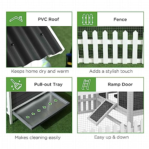 PawHut Wooden Chicken Coop with Run for 1-2 Chickens, Hen House with Nesting Box, Removable Tray, Fence, Outdoor Poultry Cage, 68" x 59" x 42", Gray